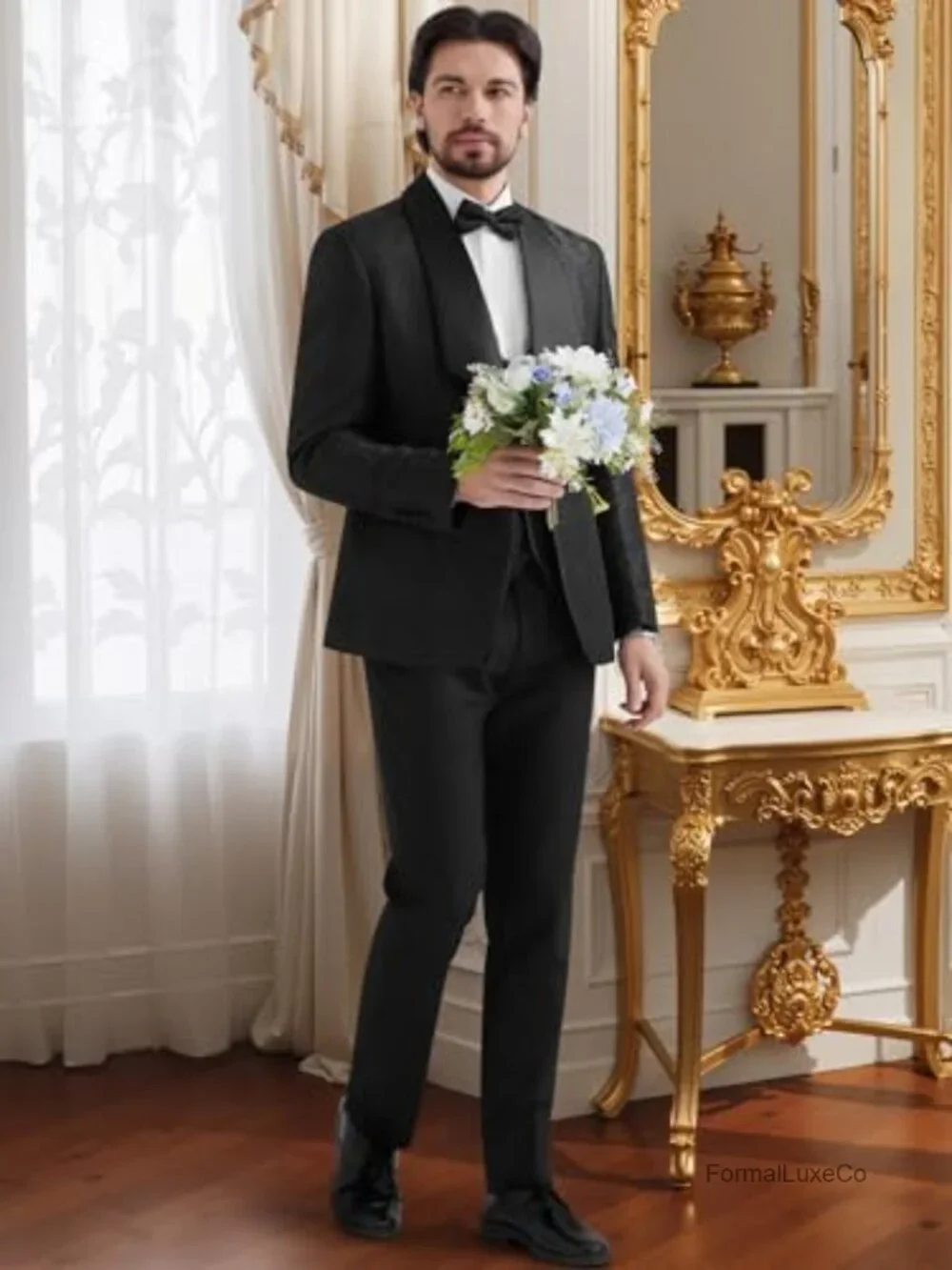 Mens 3 Piece Floral Tuxedo Suit Slim Fit Paisley Shawl Lapel Wedding Prom